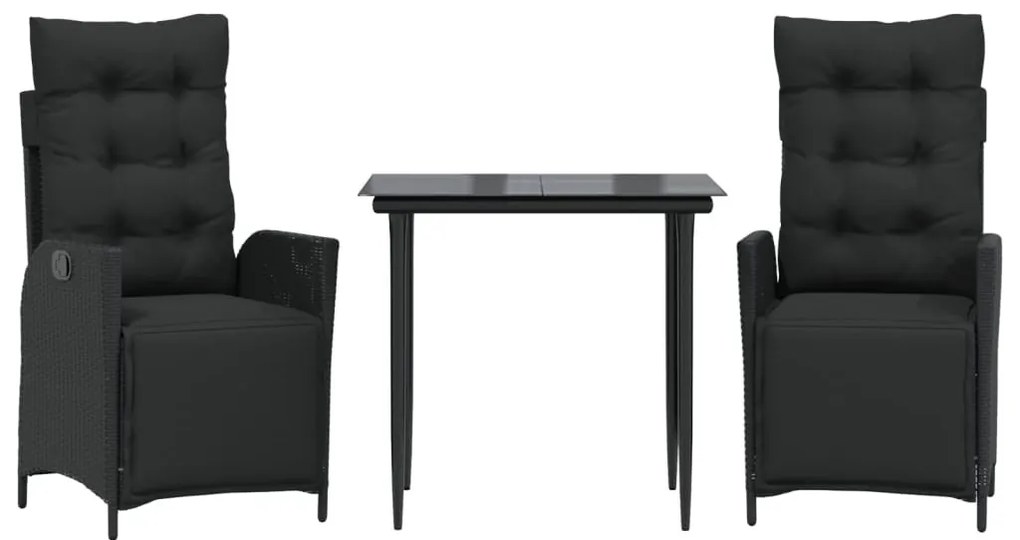 3 részes fekete polyrattan kerti étkezőgarnitúra párnákkal