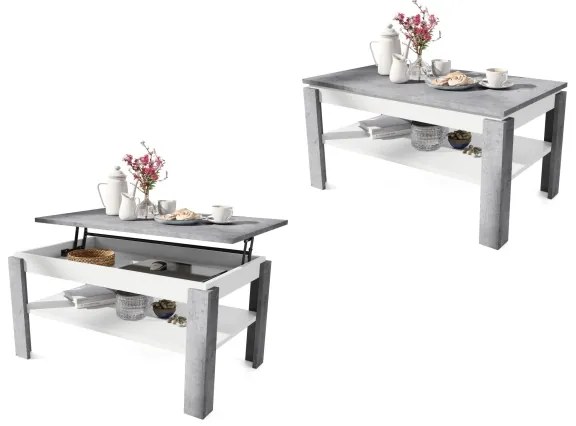 Átalakítható konferenciasztal emelhető lappal és polccal ADEN szürke beton/fehér