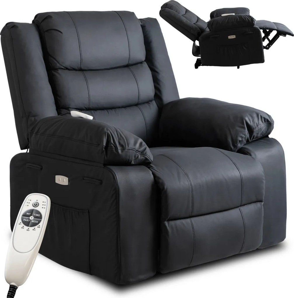 Elektromos masszázsfotel, dönthető fekete ökobőr, JASPER