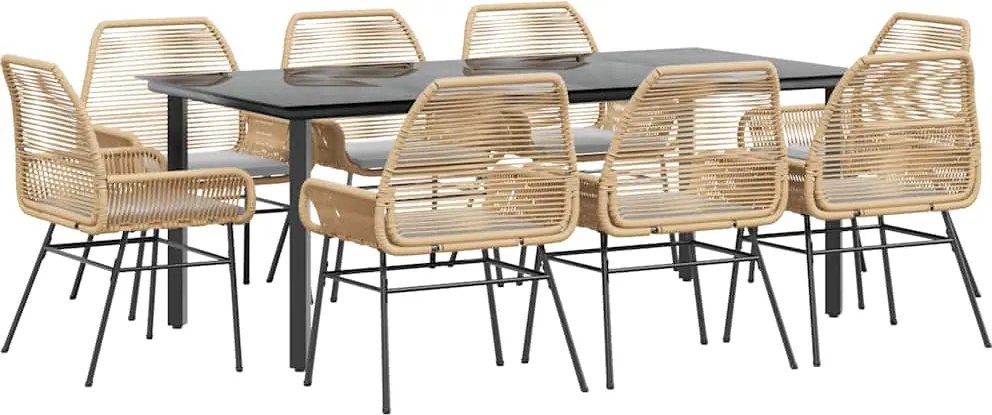 vidaXL 9 észes barna polyrattan üveg kerti étkezőgarnitúra párnával