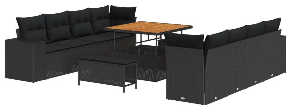11 darabos kerti kanapészett párnákkal, fekete poly rattan akác, 3 darabos kerti étkező szett párnákkal, fekete poly rattan akác