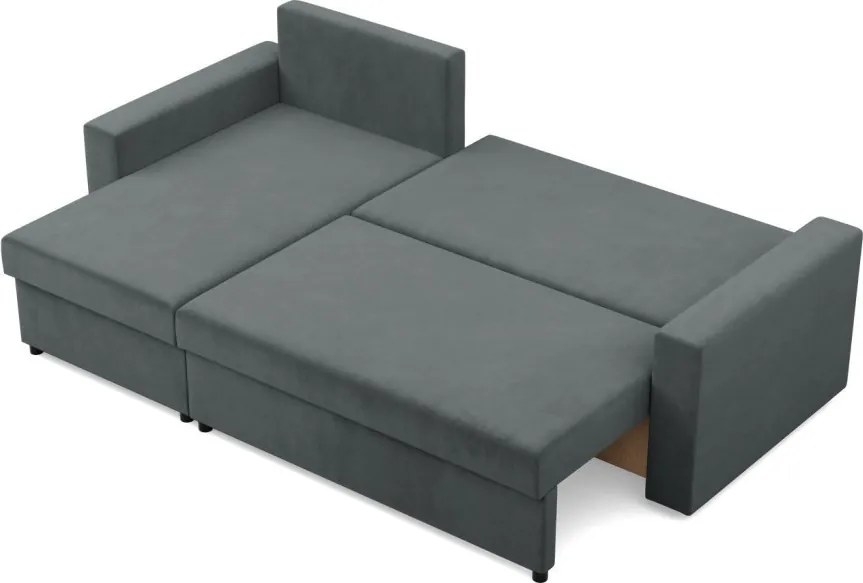 Zeus sarokkanapé, 1 ágyneműtartóval, egyenes kartámasz, bársony, univerzális oldal, bonell töltet, szürke