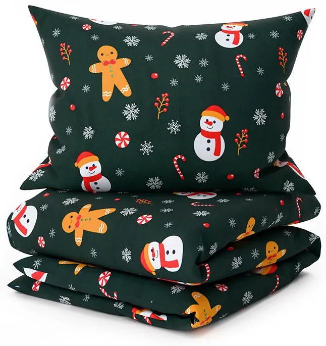 Mikroszálas flanel ágyneműhuzat SNOWMAN AND GINGERBREAD zöld Ágyneműhuzat mérete: 2 db 70 x 90 cm | 200 x 220 cm
