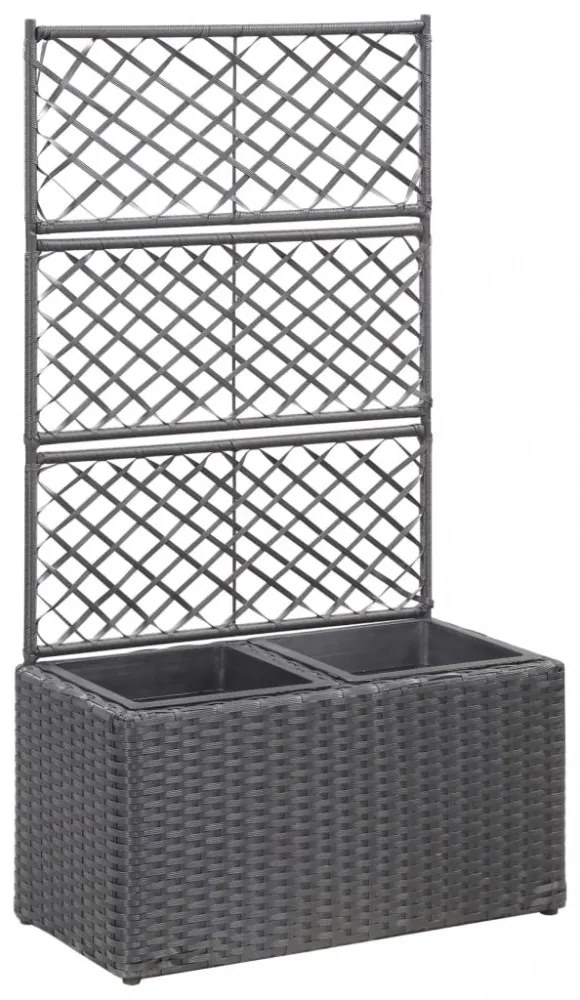 fekete rácsos polyrattan magaságyás 2 kaspóval 58 x 30 x 107 cm