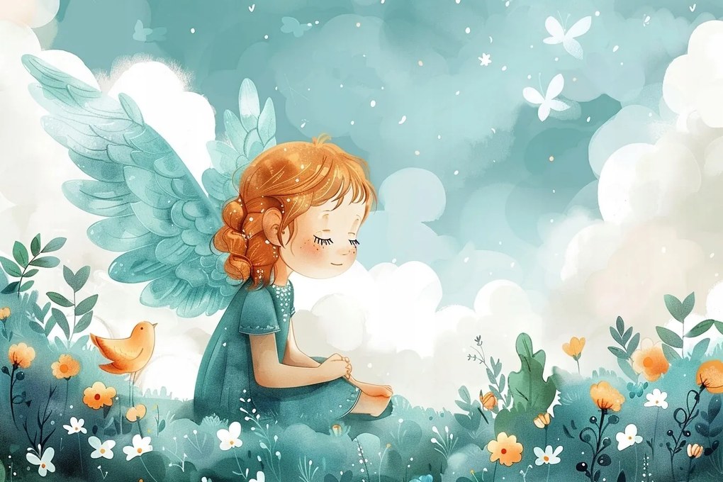 Vászonkép Canvas Grafika Gyerek Lány Angyal Rét Álom 60x40