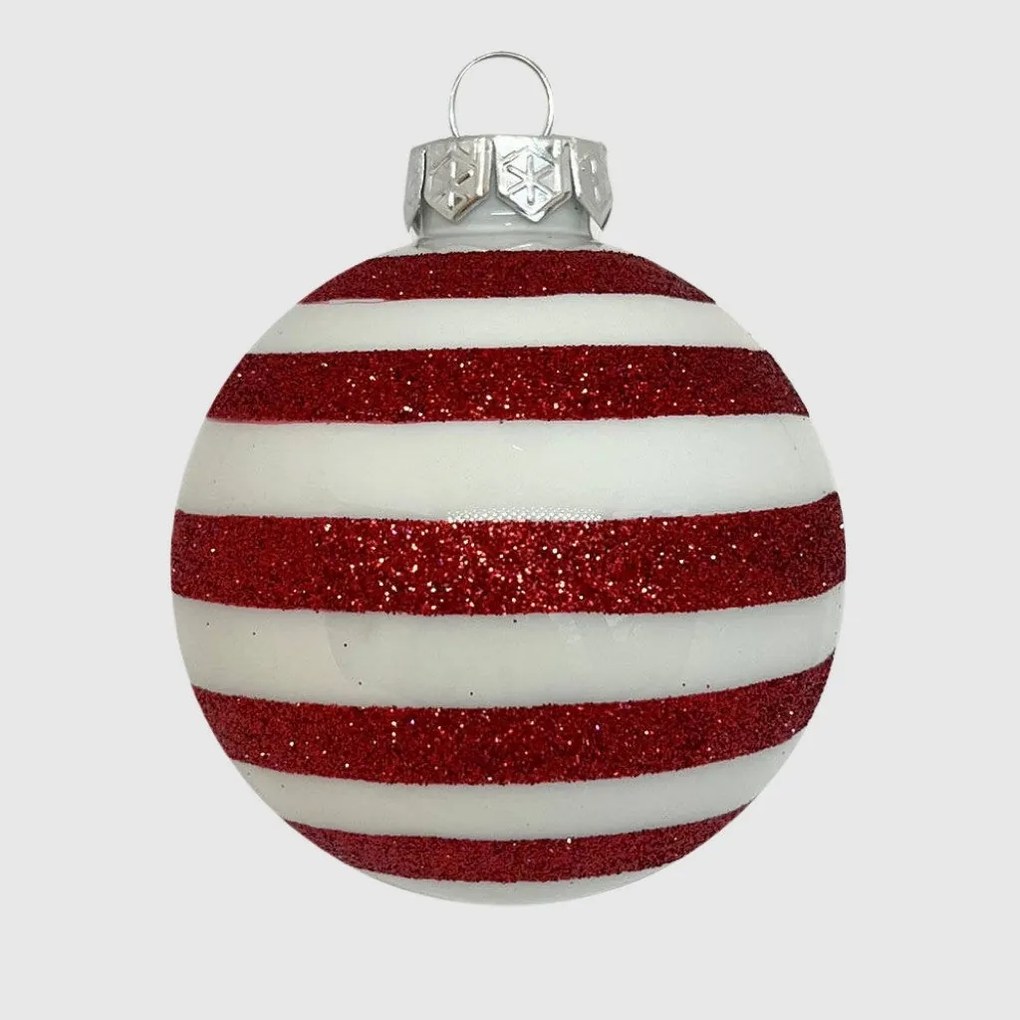 Fehér-piros glitter csíkos kézzel festett karácsonyi üveggömb szett, 7 cm, 6 db