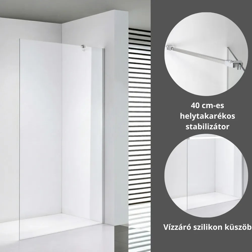 Stuxi Milano Easy Walk-in zuhanyfal, 130x200 cm, 8 mm vastag vízlepergető biztonsági üveggel, helytakarékos stabilizátorral