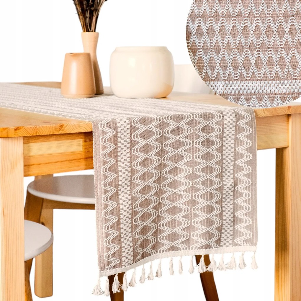 Futófelület Abrosz asztalra Boho horgolt krém barna 37x200 Rojtokkal
