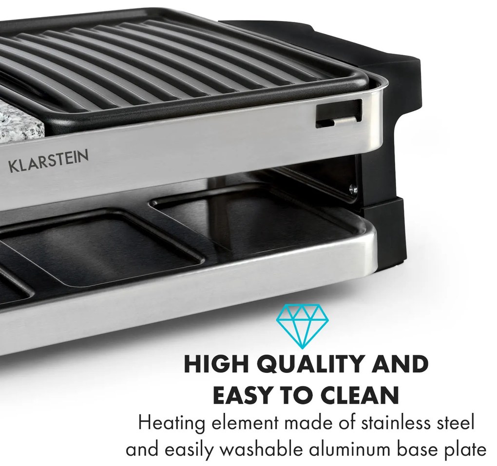 Klarstein Sirloin, raclette grill, 1500 W, alumínium / kő, 8 személyre, LED jelzőfény