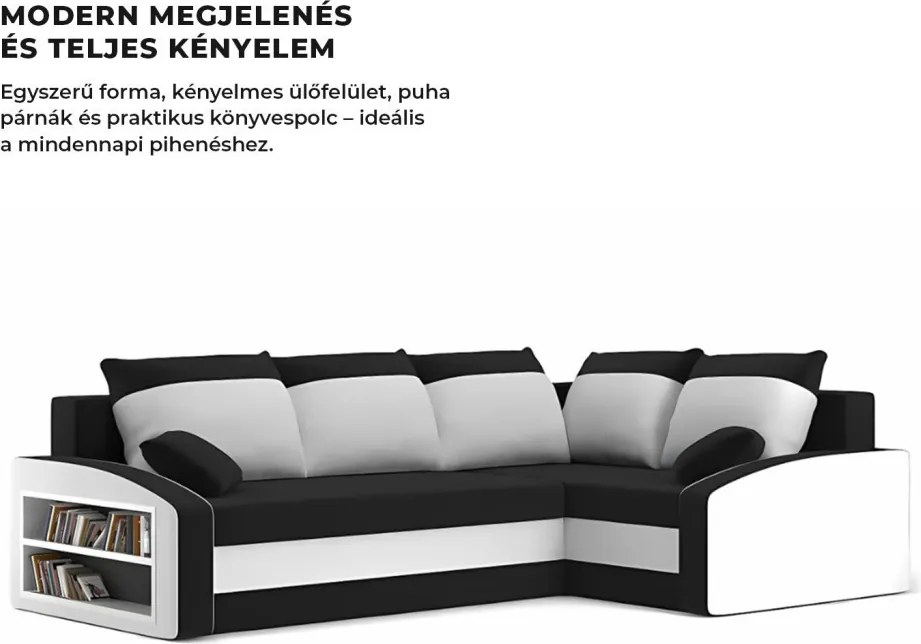 Grande sarokkanapé polcokkal , polc a bal karfaban, jobboldali, szövet anyag, hab töltet, fekete - fehér