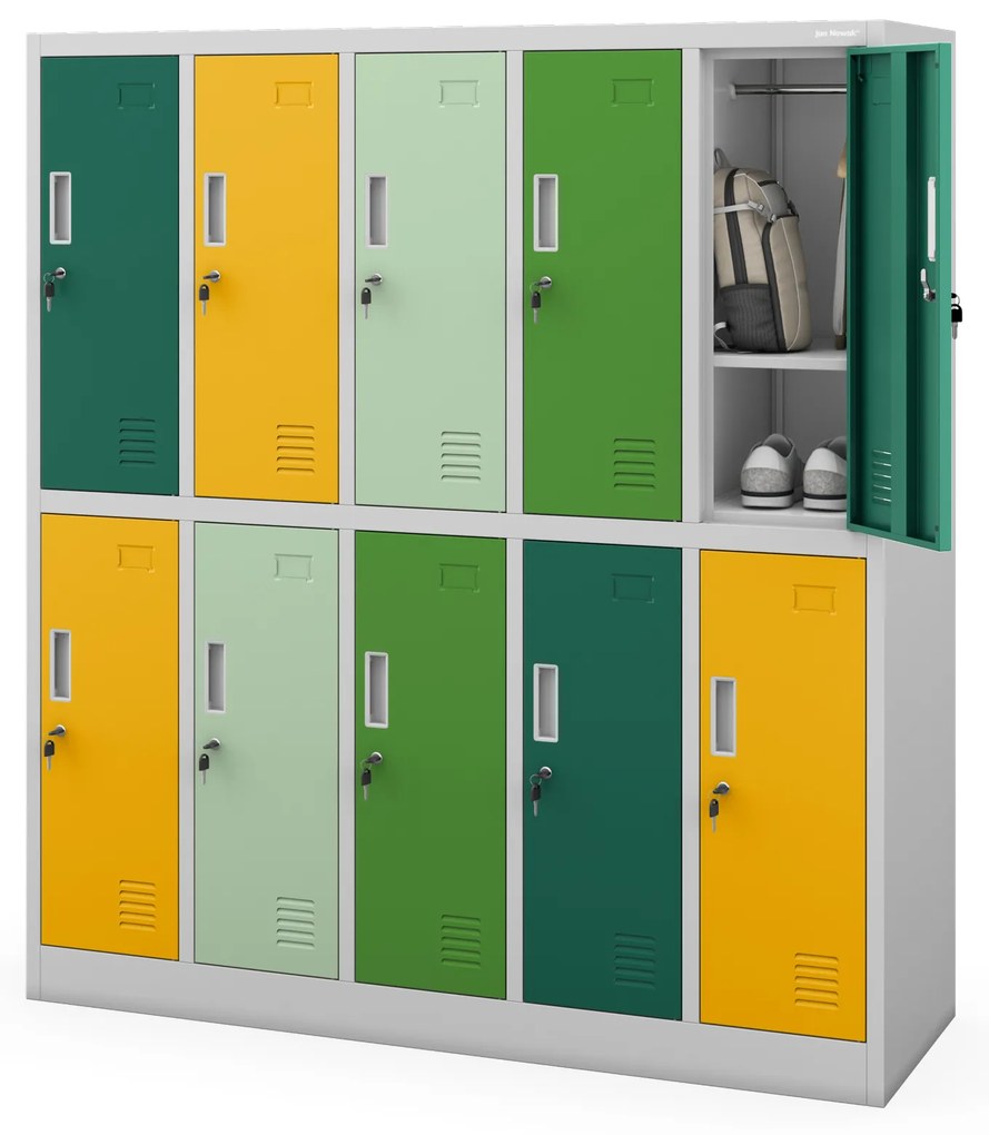 Fém szekrény, 10 rekeszes BARTUŚ, 1360 x 1500 x 450 mm, szürke-többszínű