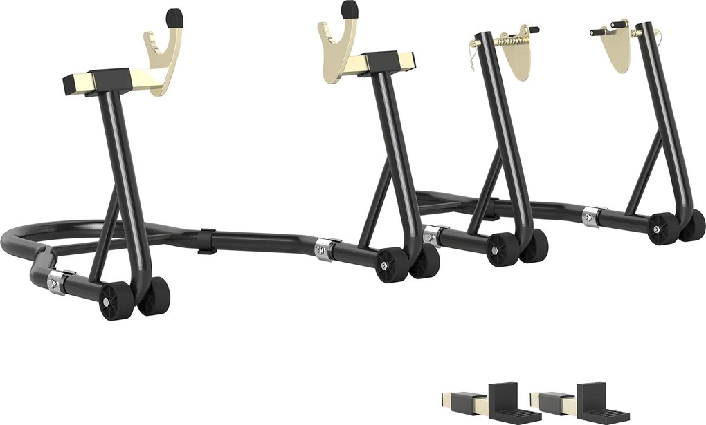 HOMCOM 2 db Állítható Trianguláris Motorkerékpár Állvány 390 kg Kapacitással, Hátsó és Elülső Vetőállvány Acélból U és L Kanalakkal, Kerekekkel, Garáz