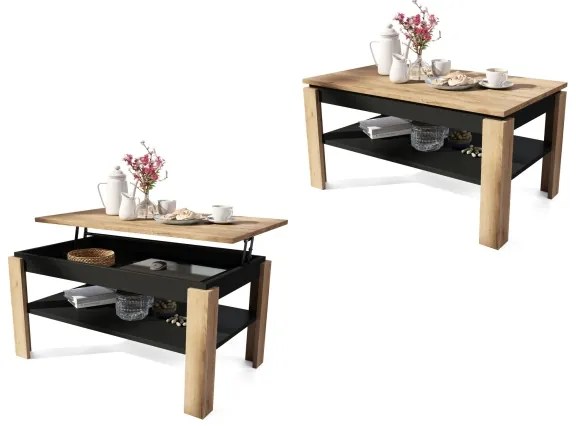 Bővíthető dohányzóasztal emelhető asztallappal és polccal ADEN craft tölgy/fekete