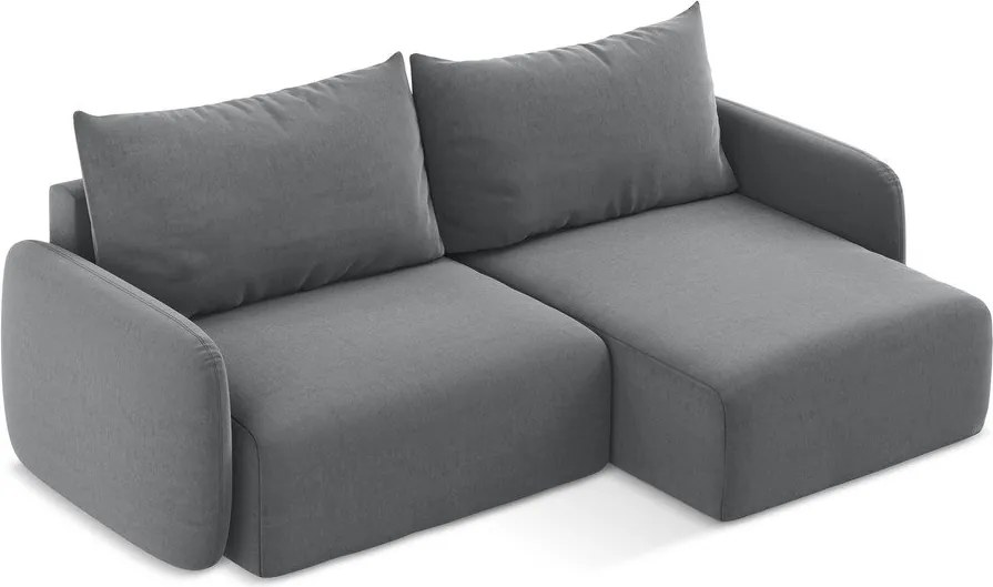Szürke bársony kinyitható-tárolóhelyes sarokkanapé (jobb oldali-heverő résszel) Kalena – Makamii