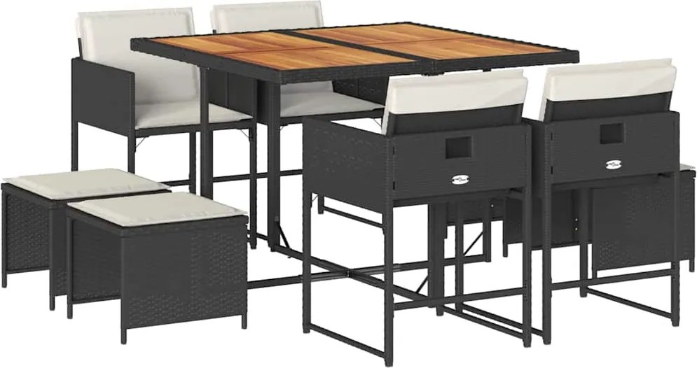 vidaXL 9 részes fekete polyrattan kerti étkezőgarnitúra párnákkal