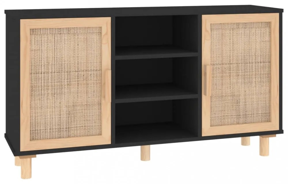 fekete fenyő/természetes rattan tálalószekrény 105 x 30 x 60 cm