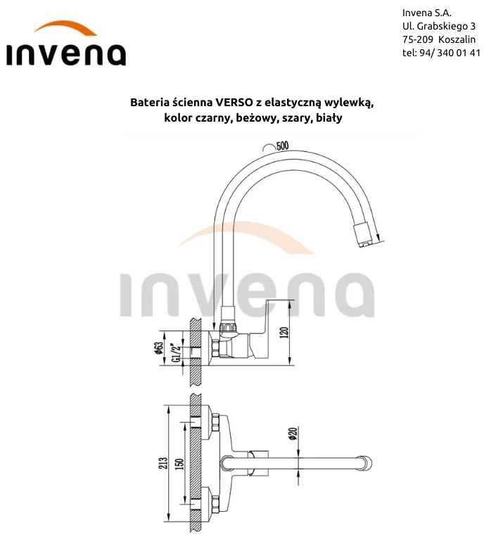 Invena Verso, falra szerelhető konyhai csaptelep 150mm elasztikus karral, fekete matt, INV-BC-82-E44-L