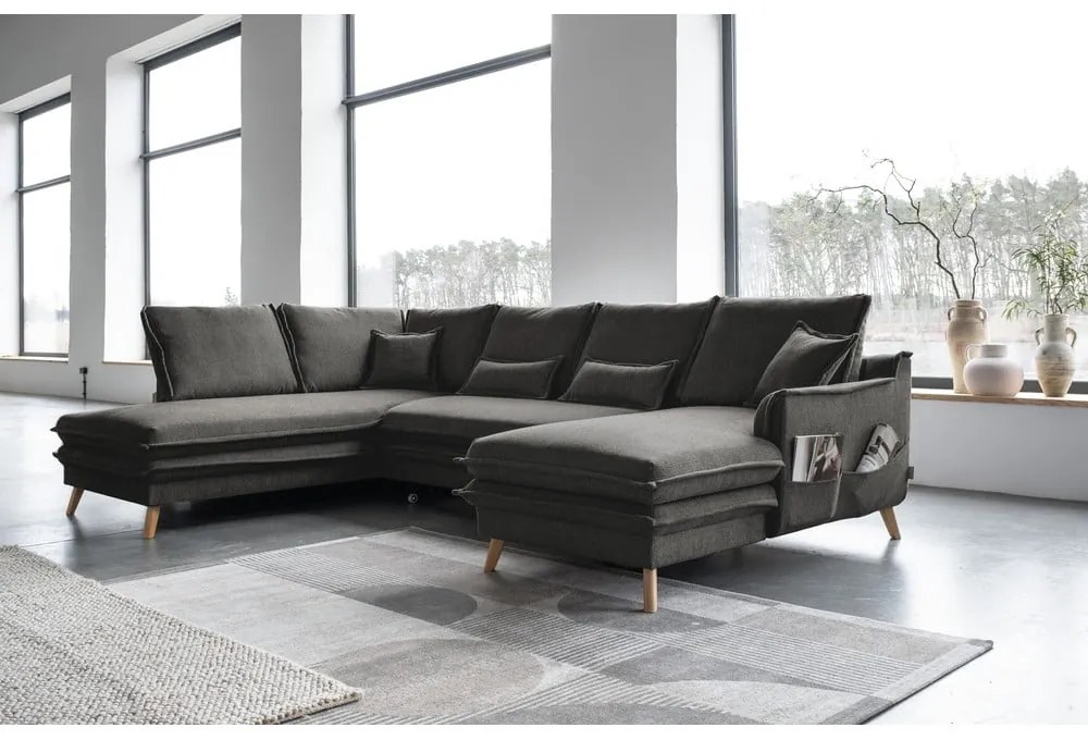 Sötétszürke kinyitható sarokkanapé (bal oldali-U alakú) Charming Charlie – Miuform