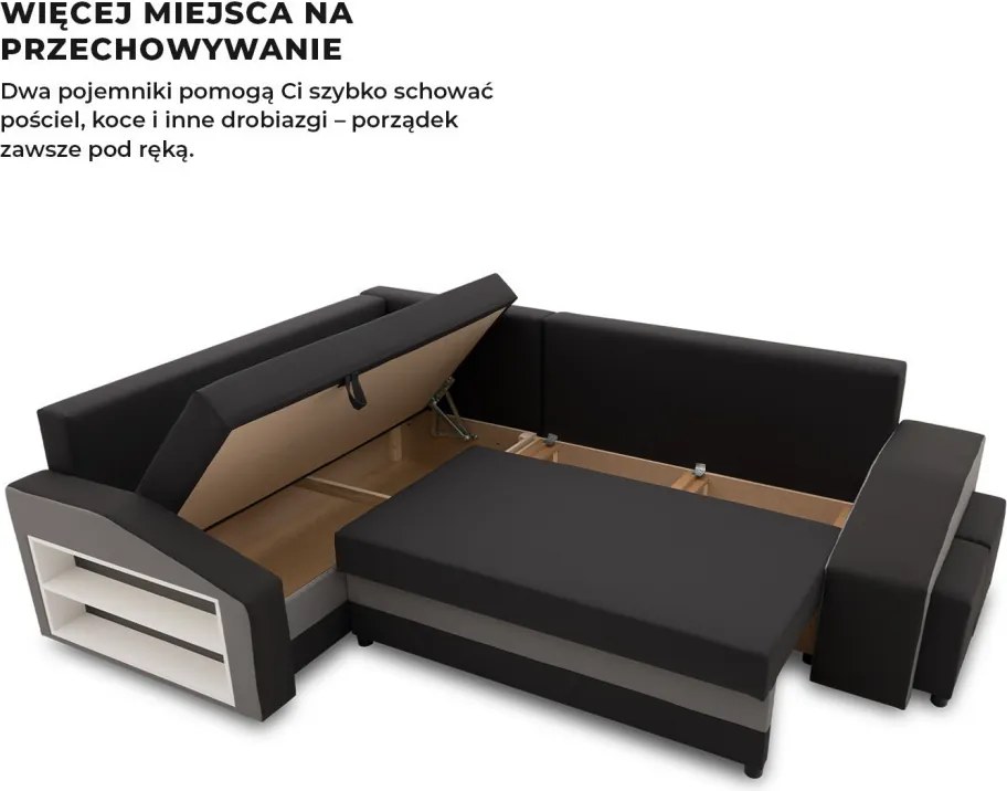 Grande sarokkanapé polcokkal és puffokkal , polc a bal karfaban puffok a jobb karfaban, baloldali, szövet anyag, bonell töltet, fekete - szürke