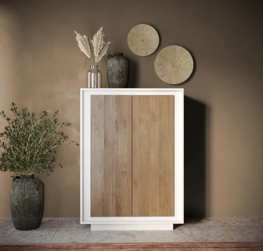 SKY 2.0 magas komód, 2 ajtóval, fehér matt lakkozott vázzal és Mercuri tölgy mintázatú laminált előlapokkal