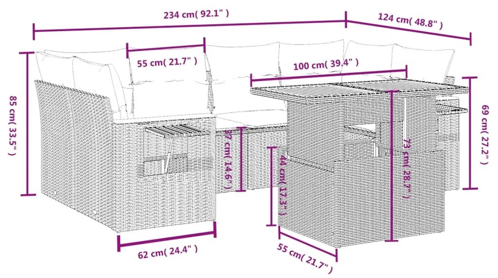 7 részes szürke polyrattan kerti ülőgarnitúra párnákkal