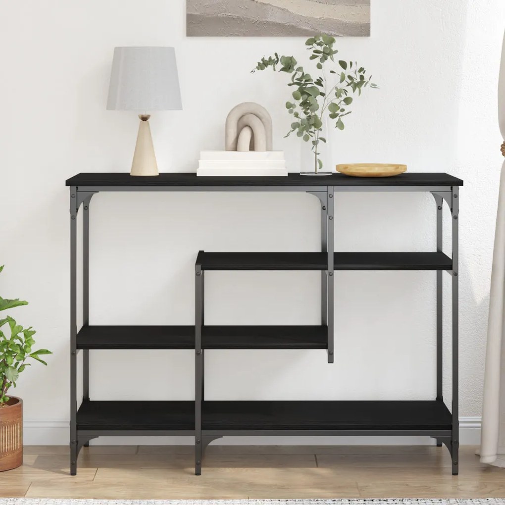 Konsole Asztal Fekete Tölgy 100x35x75 cm Műanyag Fa és Acél