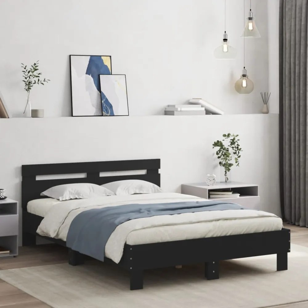 fekete ágykeret fejtámlával és LED-del 135 x 190 cm