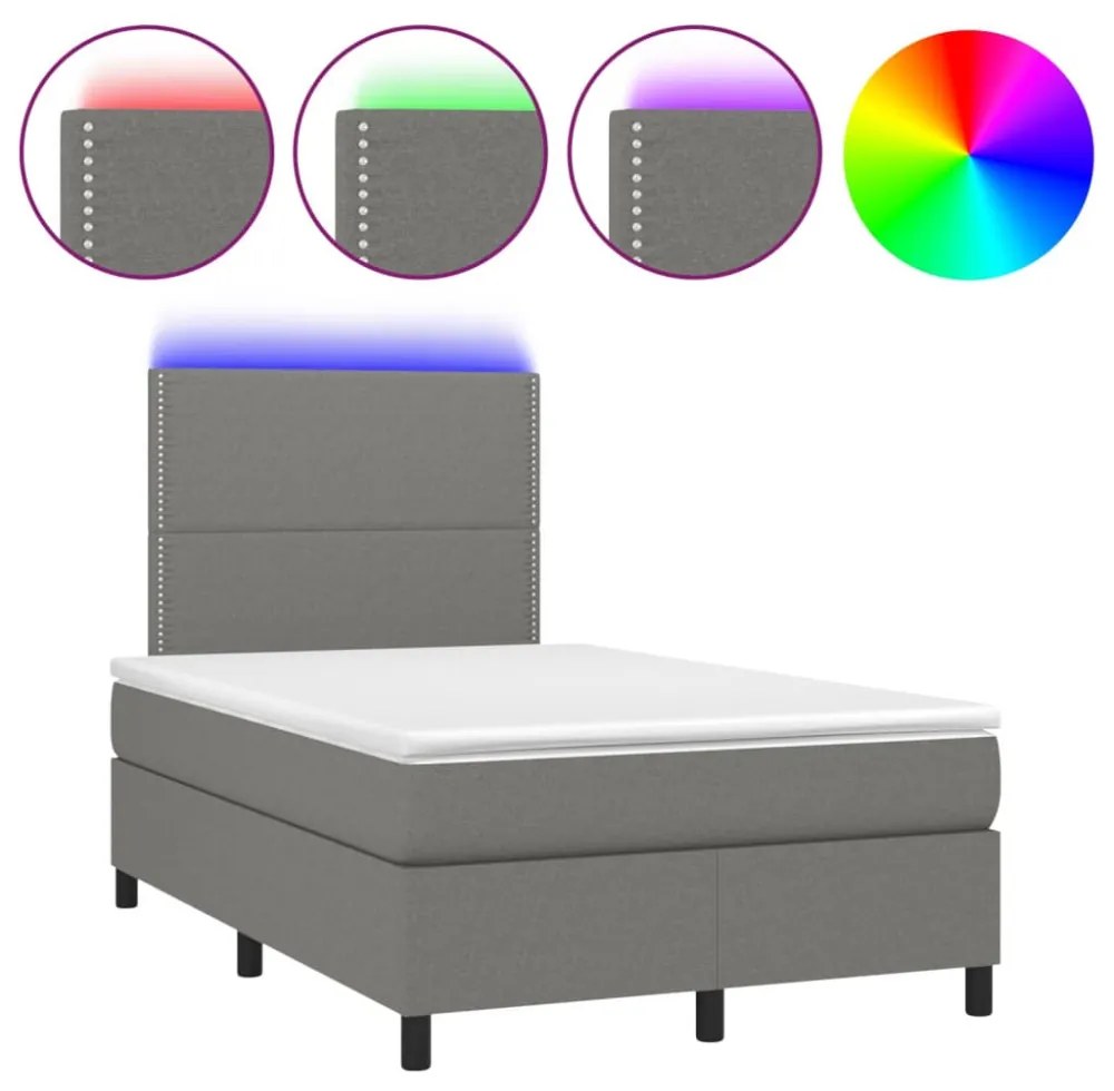 sötétszürke szövet rugós és LED-es ágy matraccal 120 x 200 cm