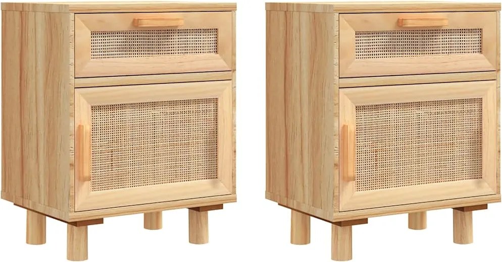 vidaXL 2 db barna tömör fenyőfa és természetes rattan éjjeliszekrény