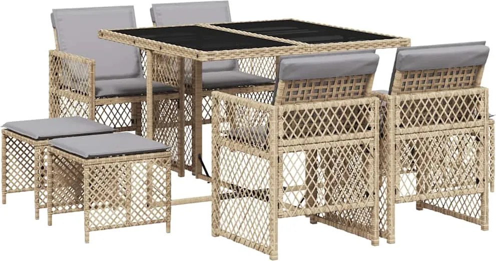 vidaXL 9 részes bézs polyrattan kerti étkezőgarnitúra párnákkal