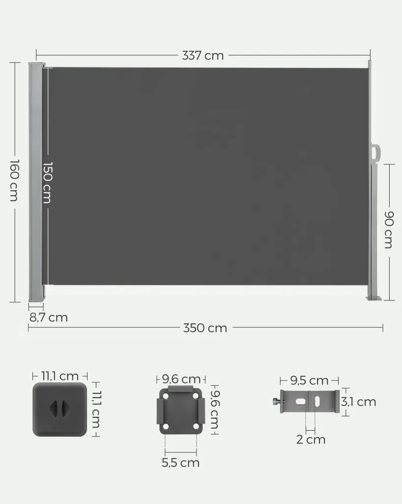 Oldalsó terasznapellenző, belátásgátló, szürke, 220 g/m² 160 x 350 cm