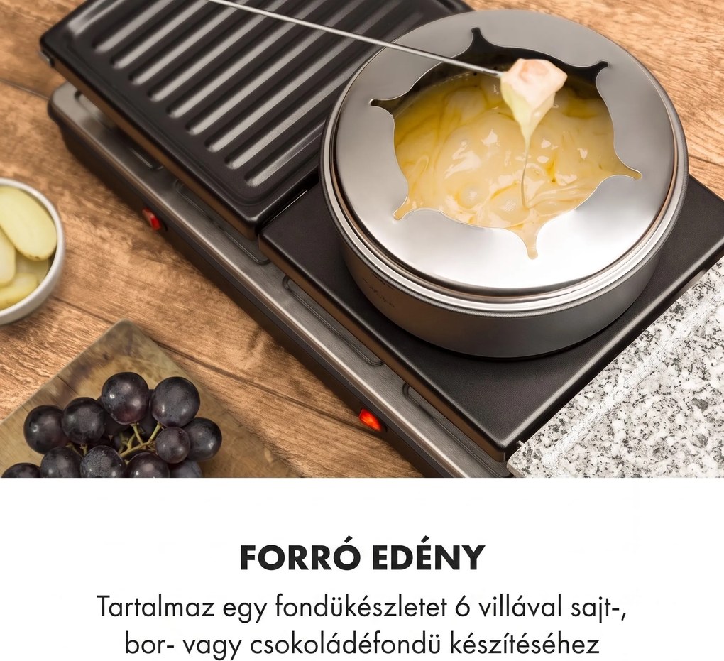 Klarstein Fonduelette XL, 3 az 1-ben raclette grill fonduevel, 1650 W, természetes kő, 12 személyre