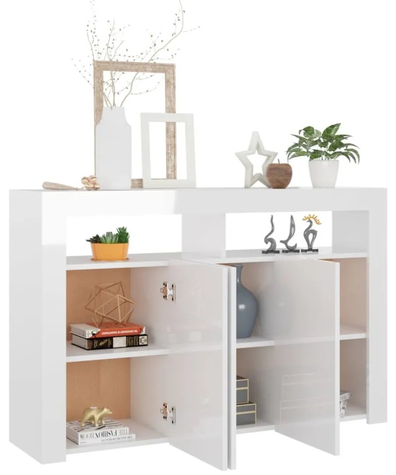 magasfényű fehér tálalószekrény LED-világítással 115,5x30x75 cm