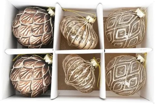 Karácsonyi üveg gömb dísz hagyma alakú arany barna dombor vonal mintával glitter dekorral 8 cm 6 db