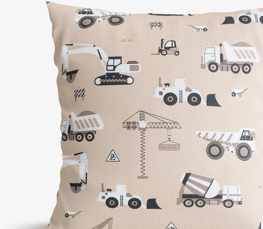 Goldea gyerek pamut párnahuzat - teherautók és markolók bézs alapon 50 x 70 cm