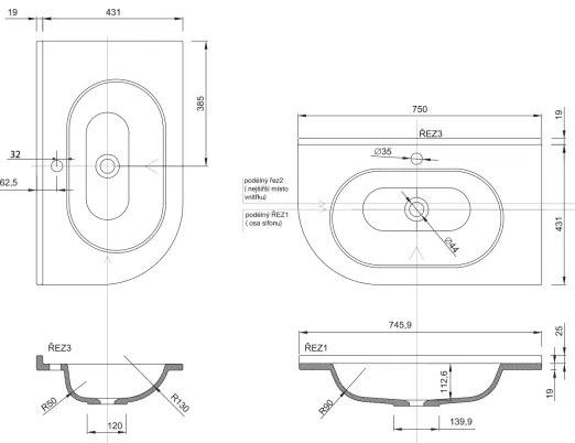 Sapho - PULSE sarok aláépíthető mosdó 75x43 cm márvány/fehér
