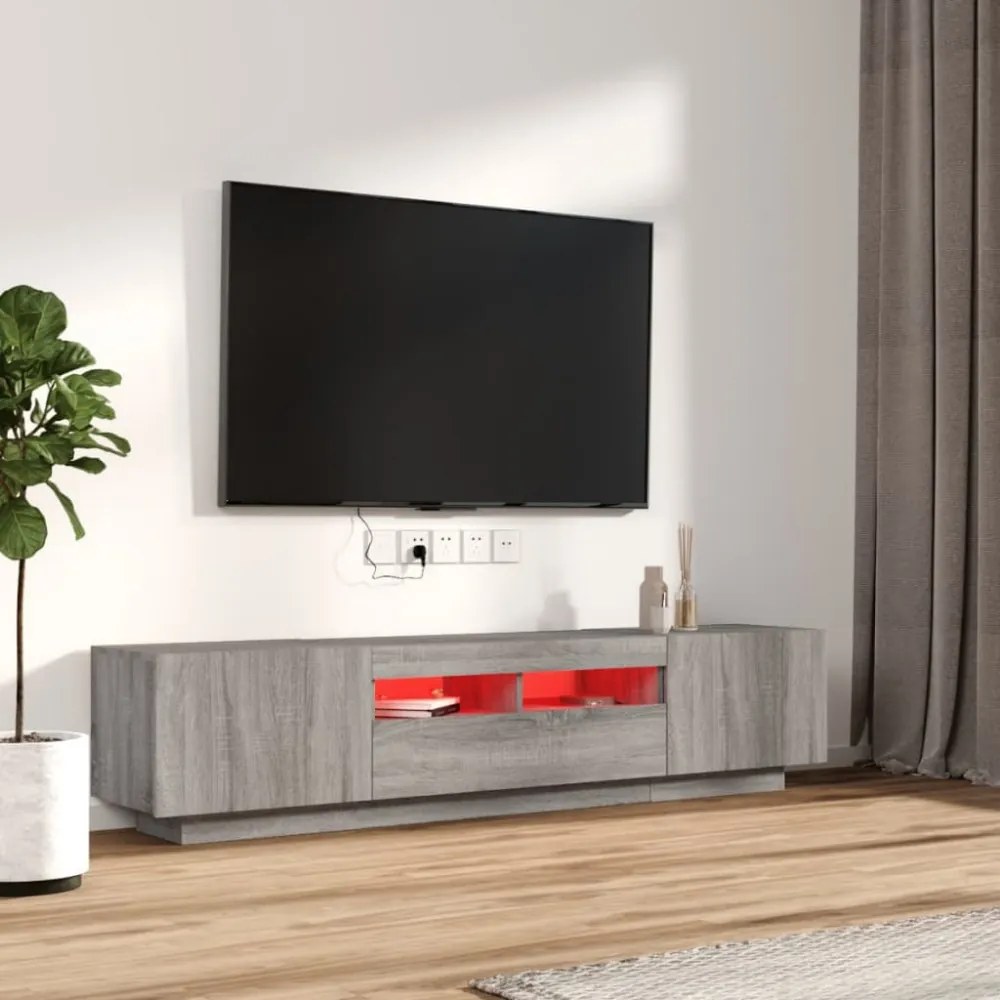 2 részes szürke sonoma színű fa TV-szekrény szett LED-lámpákkal