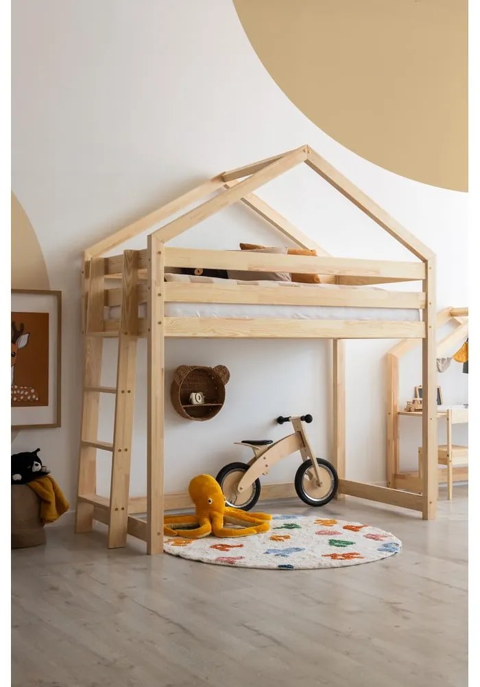 Natúr színű házikó alakú-magasított borovi fenyő gyerekágy 90x200 cm Mila DMPBA – Adeko