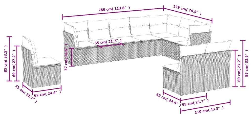 10 részes bézs polyrattan kerti ülőgarnitúra párnával