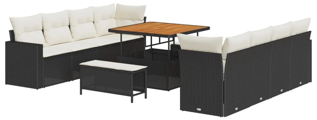 11 darabos kertibútor szett párnákkal fekete poli rattan akáccal, 3 darabos kertivacsora szett párnákkal fekete poli rattan akáccal