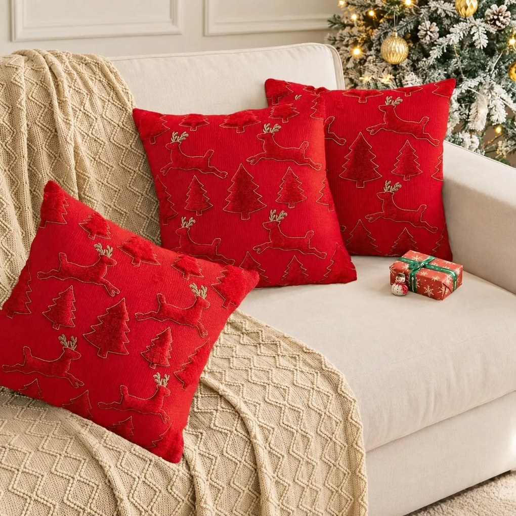 Karácsonyi díszpárnahuzat piros rénszarvasos 45x45 cm TiaHome