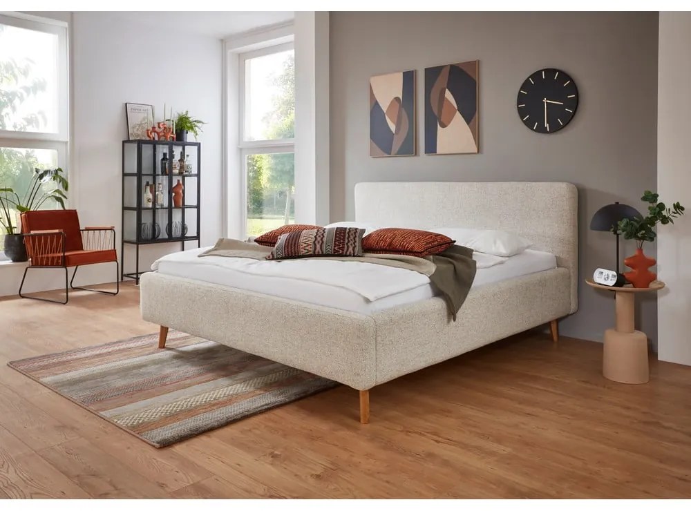 Szürke-bézs kárpitozott ágyneműtartós franciaágy ágyráccsal 180x200 cm Mattis – Meise Möbel