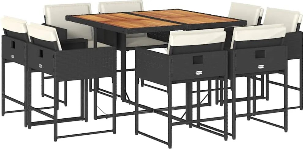vidaXL 9 részes fekete polyrattan kerti étkezőgarnitúra párnákkal