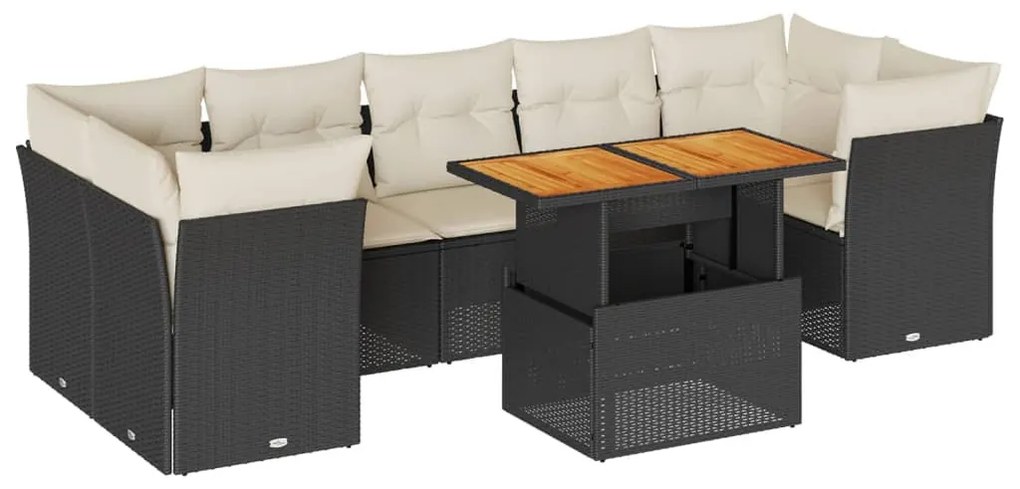 8 részes fekete polyrattan kerti ülőgarnitúra párnákkal