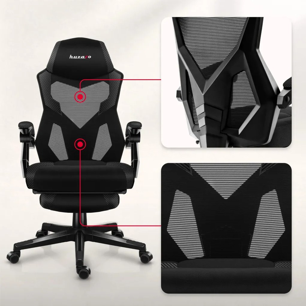 Gamer szék, lábtartó, lélegző anyag, ergonómikus kartámaszok, fekete