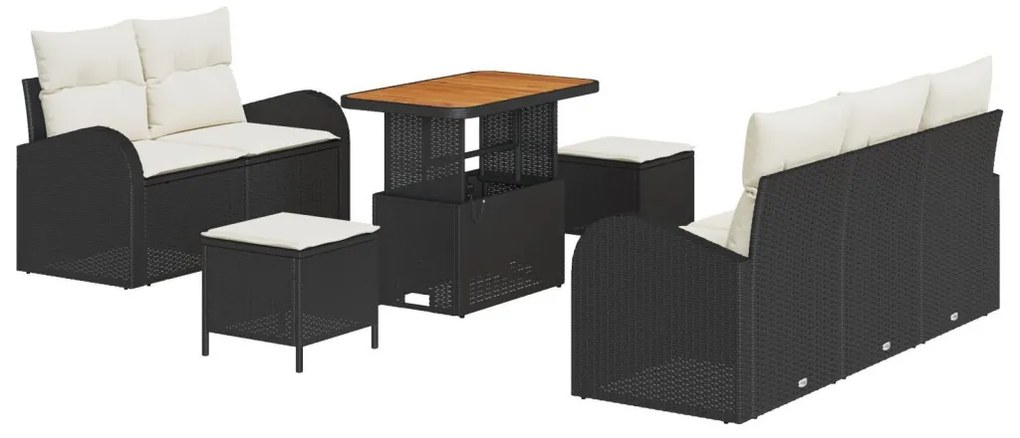 8 darabos Kerti Kanapé Szett Párnákkal Fekete Poli Rattan Akácos, 2-Személyes Kerti Kanapé Tárolással &amp; Párnákkal Fekete Poli Rattan, 3 darabos Kerti Étkező Szett Párnákkal Fekete Poli Rattan Akácos