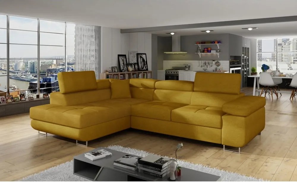 Sárga kinyitható-tárolóhelyes sarokkanapé (bal oldali-L alakú) Anton – ELTAP