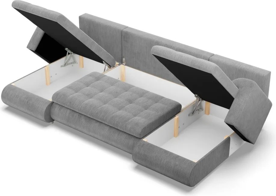 Tokio U alakú sarokkanapé, 3 ágyneműtartóval, kordbársony, univerzális oldal, szürke
