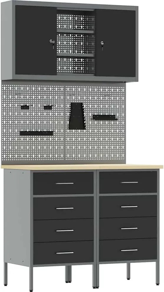 vidaXL Munkaszekrény Készlet 5 pcs Fekete Porszórt Acél és Mérnöki Fa