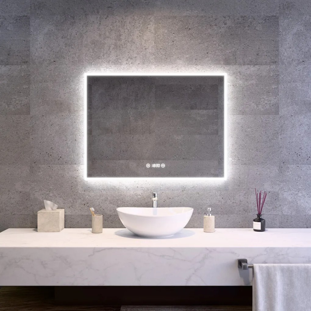 Fekvő fürdőszobai LED tükör 80x60cm | Páramentesítő funkció | Beépített óra | Fényerő és színhőmérséklet szabályozás | Welland Luxury-Line G774